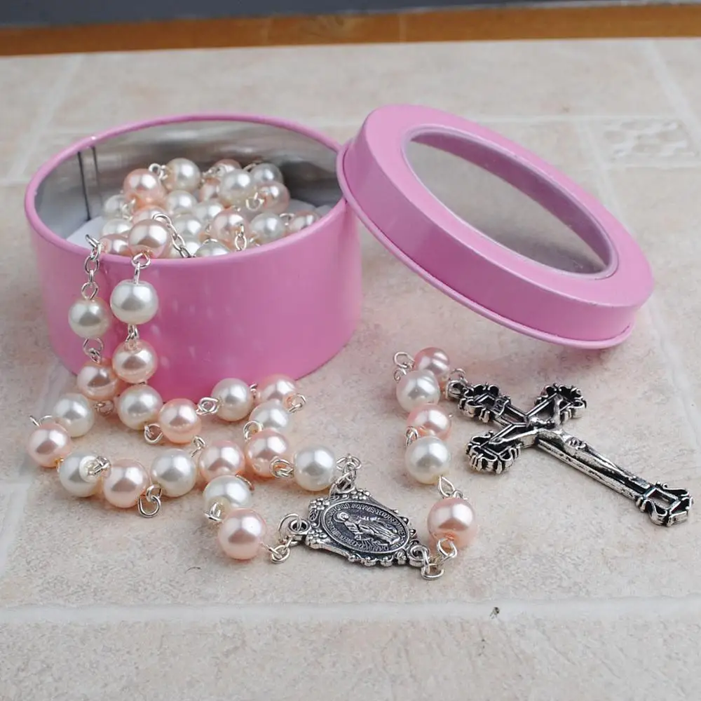 

Newest Design 8mm Glass Pearl Beads Rosary Pack in Metal Box with Miraculous Medal