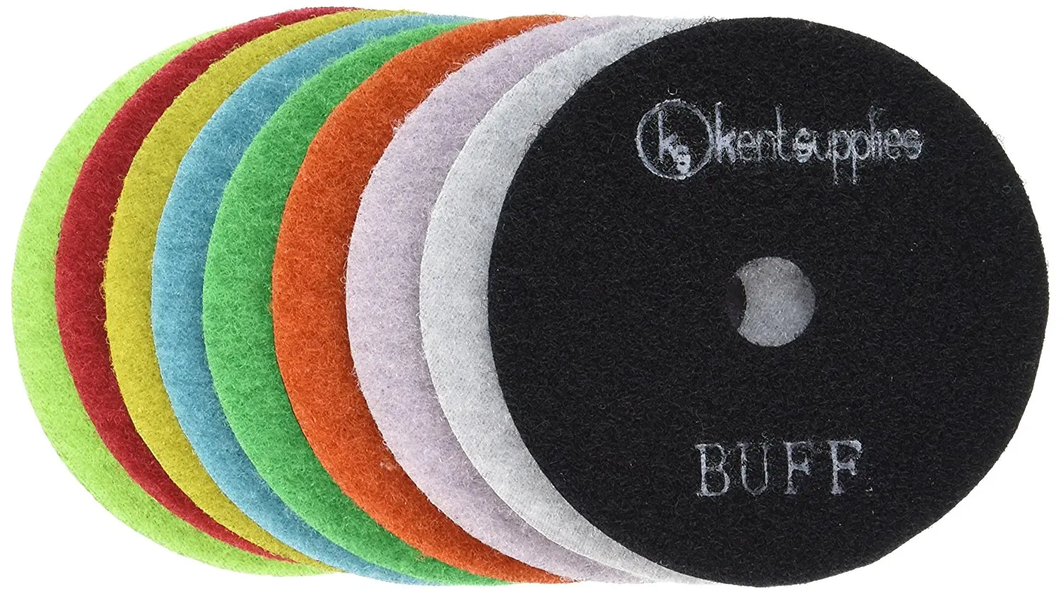 KENT 9pcs Set 4"DRY Premium Quality Diamond Polishing Pads, Assorted Grits, 2mm Thick, With Black And White Buff, Velcro Style For Granite Marble Onyx Stone