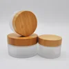 Small clear frosted white 100ml glass jar 50ml cosmetic with bamboo wooden lid