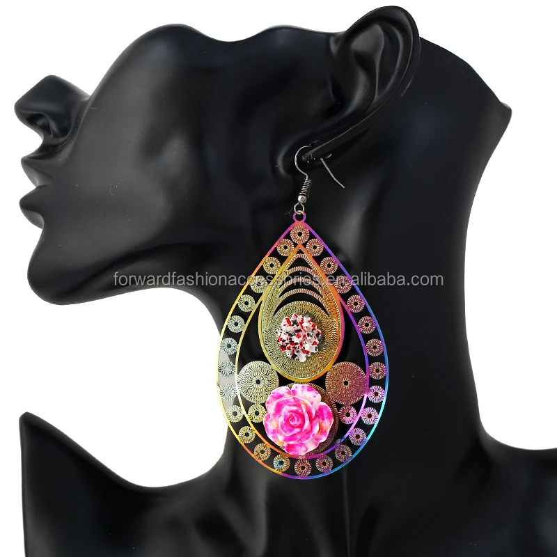 

colorful stainless steel fringe oval slab hammered metal earrings