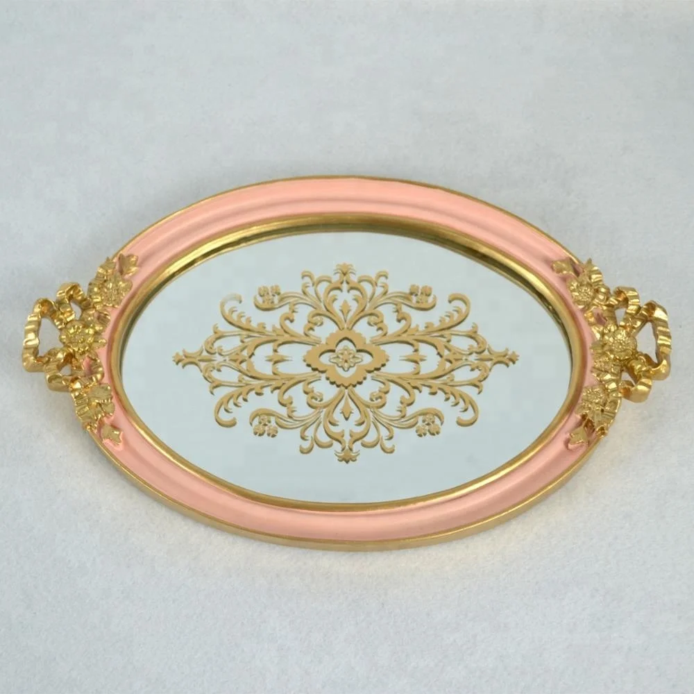 

new design pink and gold polyresin mirror tray