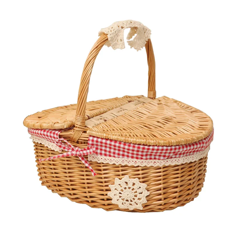 

KINGWILLOW hot selling handmade wicker woven picnic basket with lid, Natural color