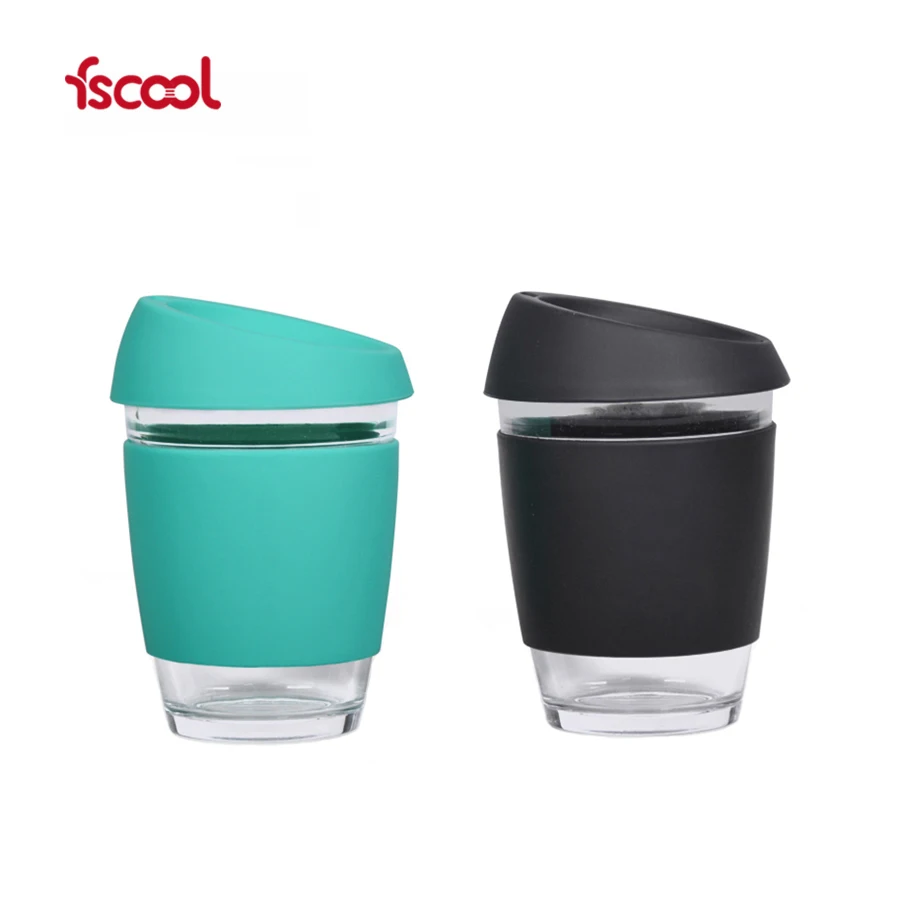 Fscool custom logo 8oz 12oz  reusable glass coffee cup with silicone sleeve and lid