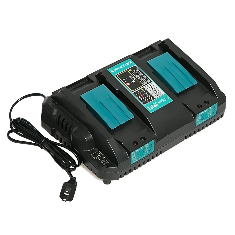 18V Max Output 4A Dual Port Rapid Optimum Lithium ion Battery Charger DC18RD Compatible with Makita BL1815 BL1830 BL1840 BL1850, Black body;blue sticker