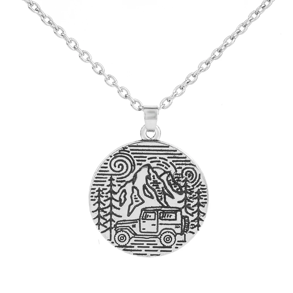 

Fashion Round Shaped Zinc Alloy Outdoor Gift Camper Pine Tree Mountains Camping Pendants Jewelry, As picture