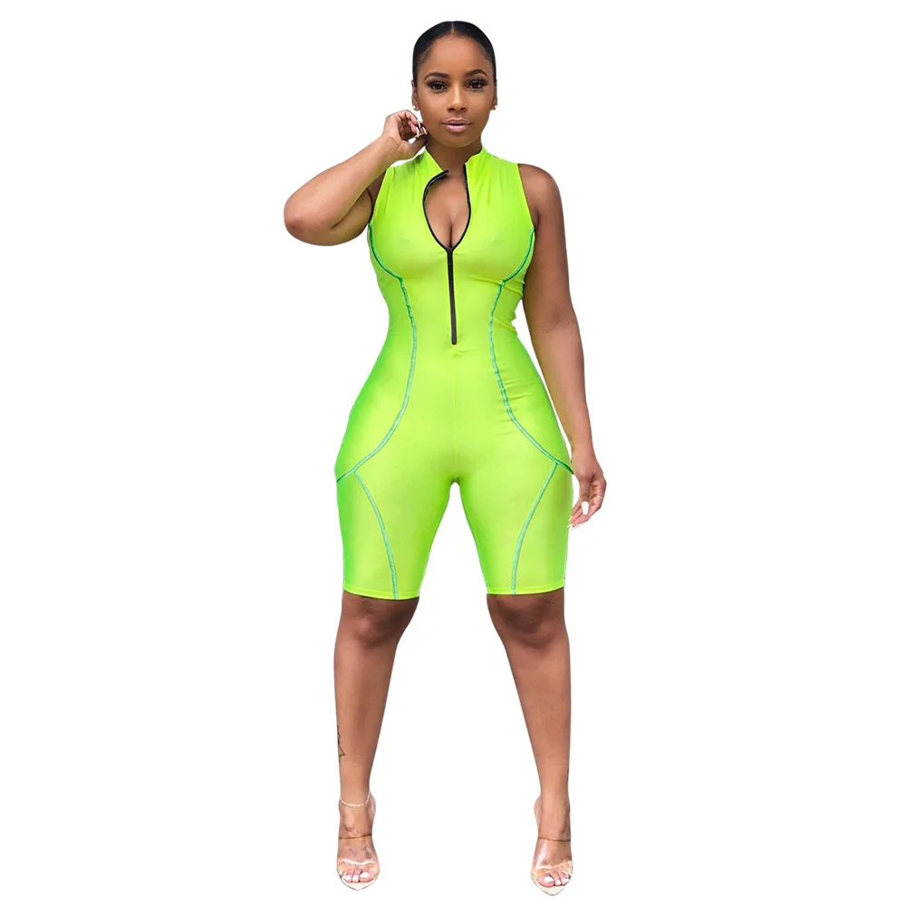 

New Arrivals Women Casual Front Zipper Sleeveless Short Pants Striped Patchwork Romper Jumpsuit Tracksuit, Picture show