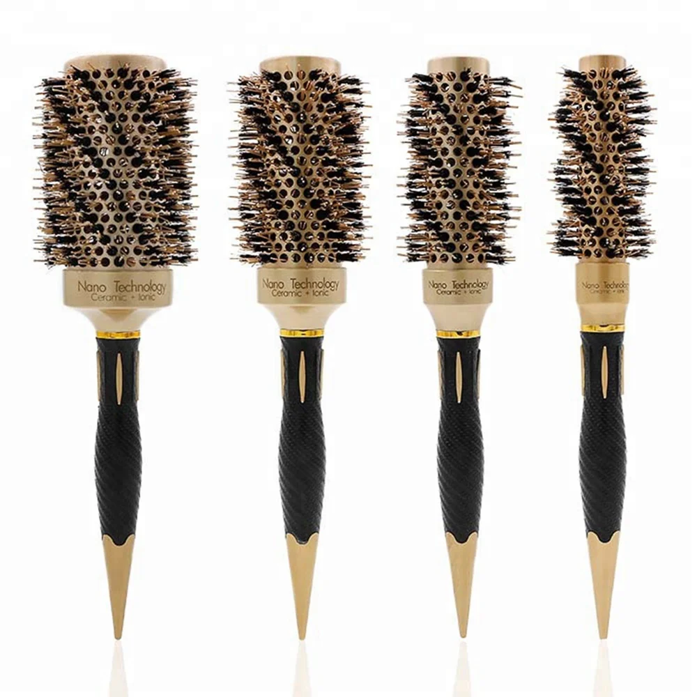 

Professional Luxury Gold Ceramic Boar Bristle Hairdressing Tool Round Hair Curling Styling Brush