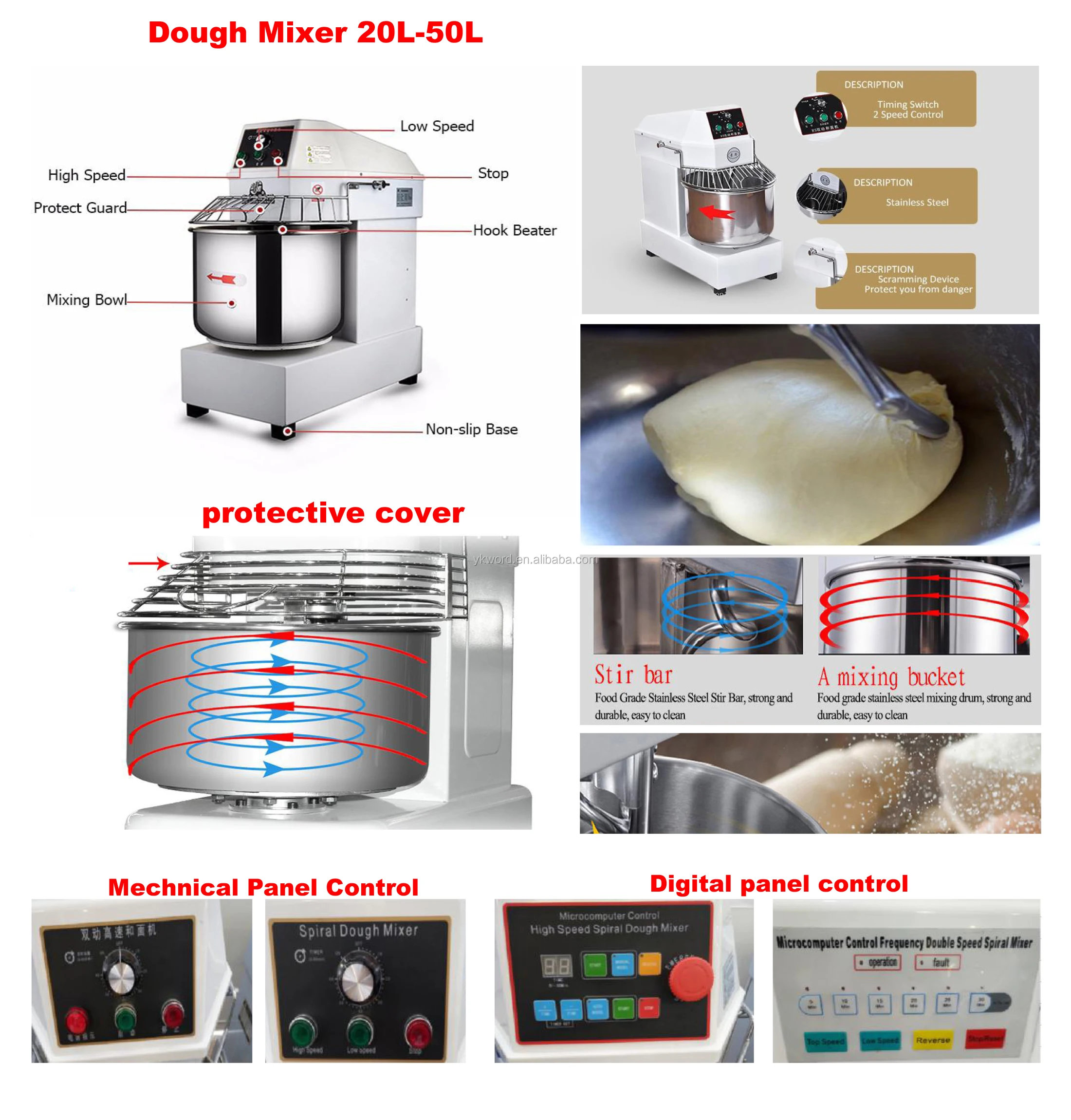 Hs20/30/40 Multifunctional Spiral Dough Mixer For Bakery With 2 Speed