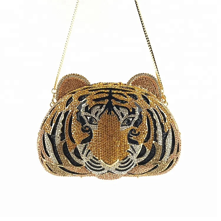 

OC3715 China online shopping tiger Shape crystal clutch evening bags, Gold ,custom any color