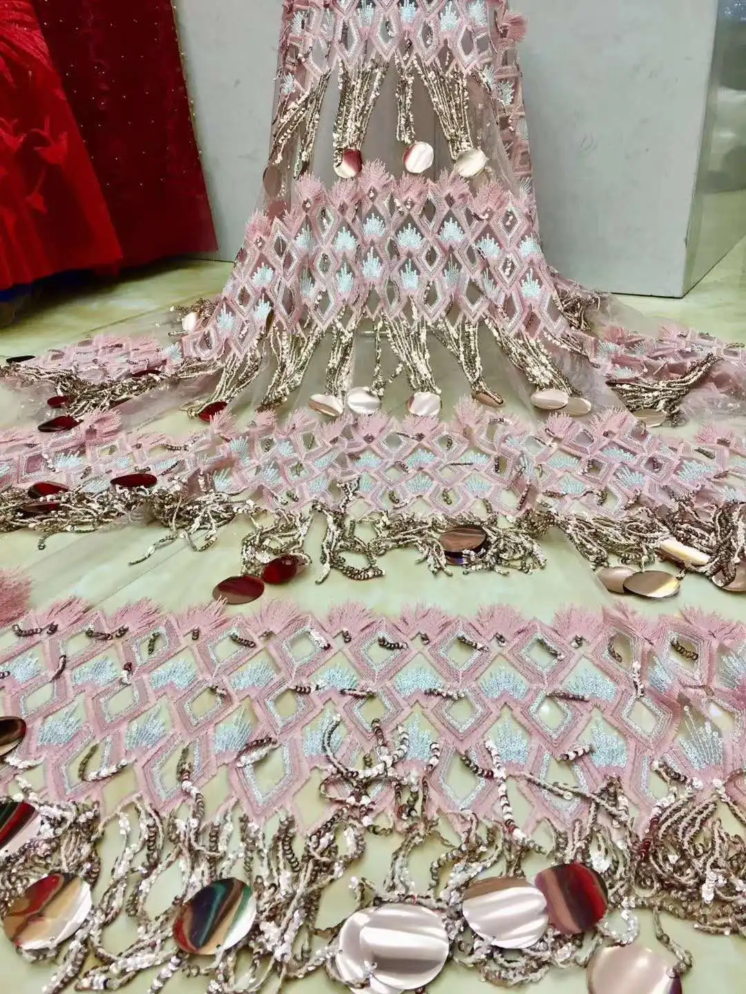 Big Sequin With Tassel Guipure Lace Fabric Cord Lace With Stones Lace