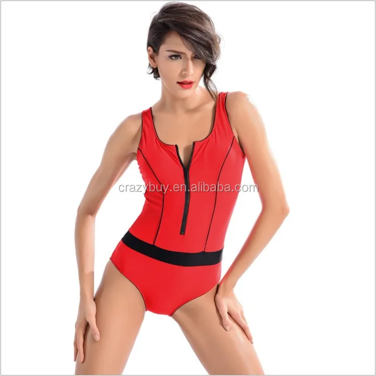 

CrazyBuy Women's Sports Swimwear Red Zipper Swimsuit, Picture