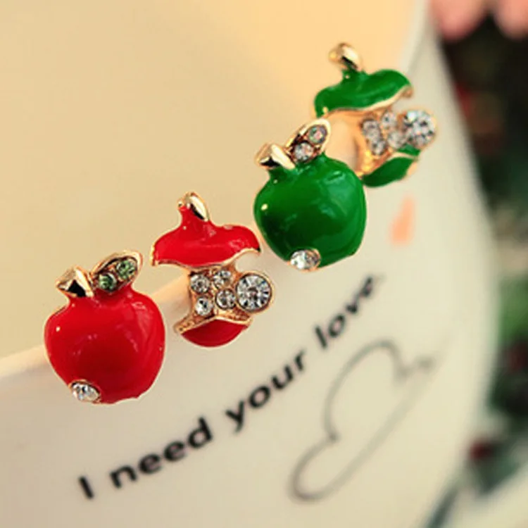 

Yiwu Factory Sells Korean Hot-Selling Alloy Drill-Inlaid Asymmetric Apple Directly Earrings For Women, As shown