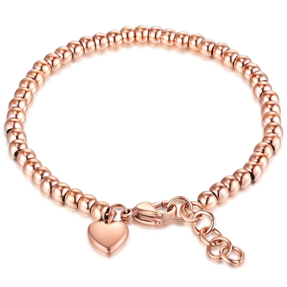 

Trendy Rose Gold Jewelry Ladies Accessory Heart Charm Stainless Steel Beaded Bracelet Women