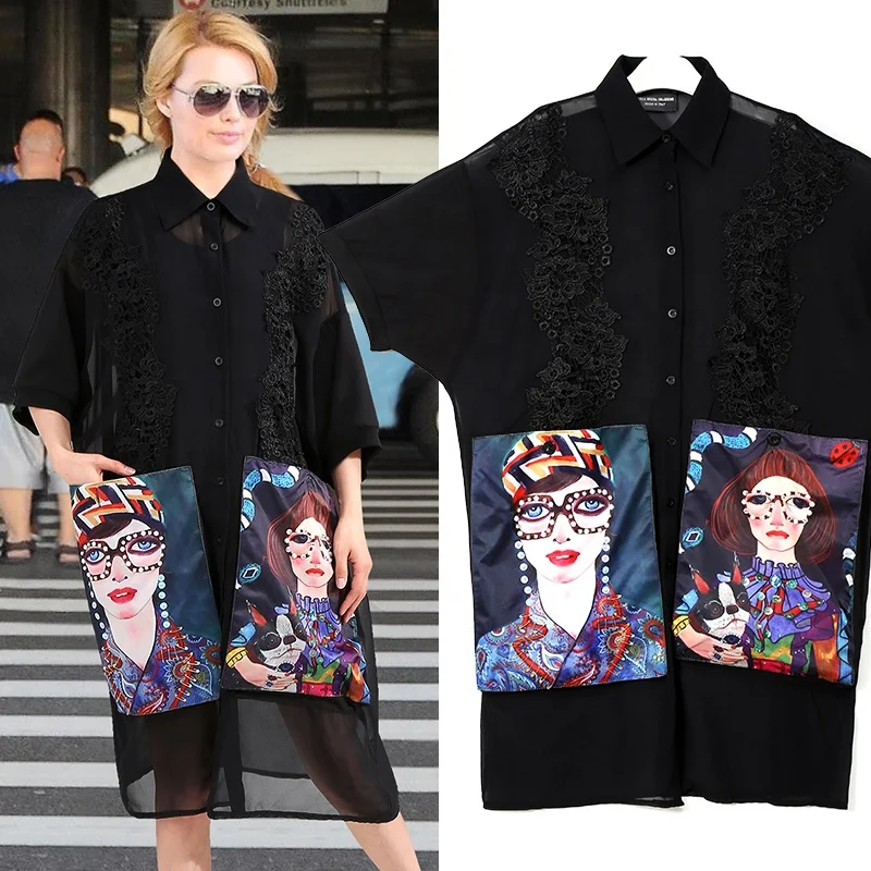 

2019 Women Summer Black Casual Chiffon Shirt Dress Cartoon Pockets Half Sleeve Plus Size Female Midi Party Club Dress Robe