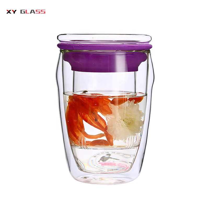 

innovation Handmade customized double wall glass tea cup with glass infuser and lid