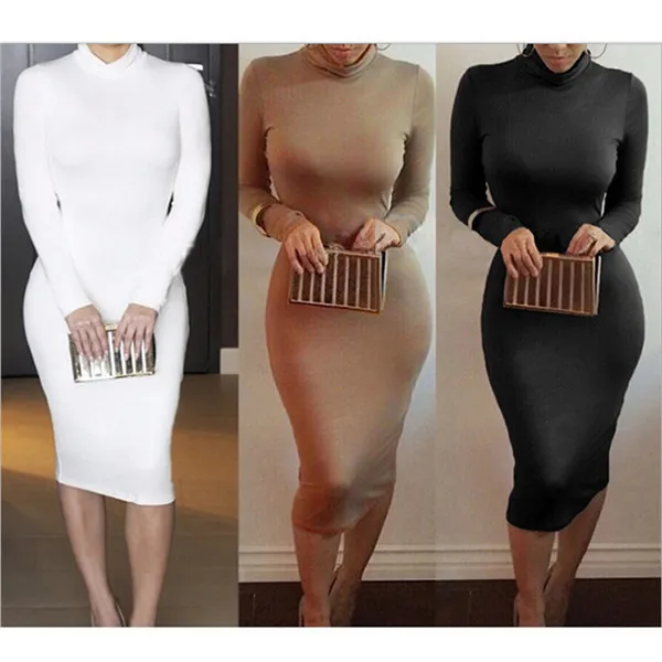 

New Designer women dresses sexy bodycon solid plain high neck stretchy long sleeve midi bodycon dress 2017, Black.brown bodycon dress 2017