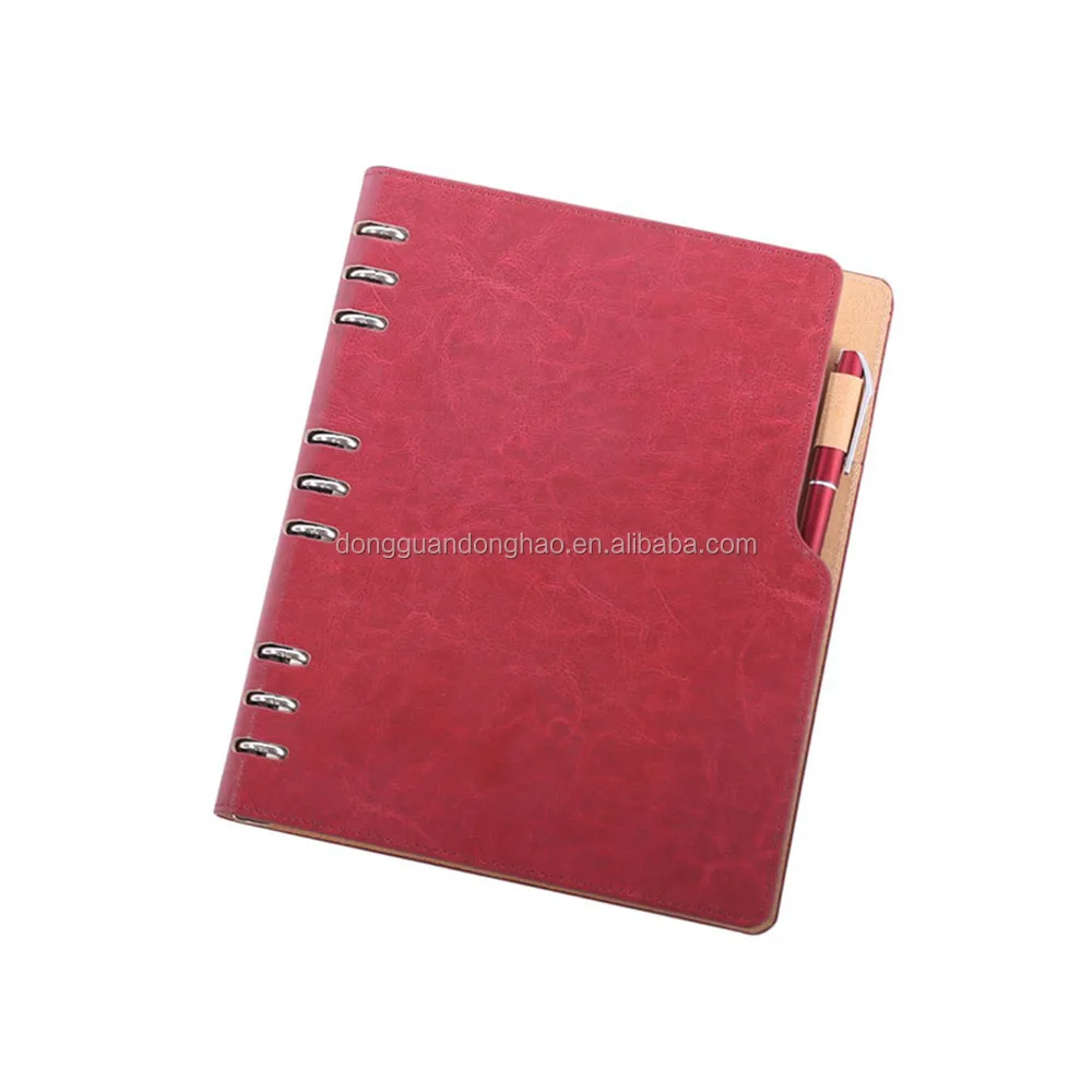 Wholesale  Business B5 Journal Diary PU Leather Notebook 9 Ring Binder Spiral Loose-leaf Notebook With Die Cut Holes