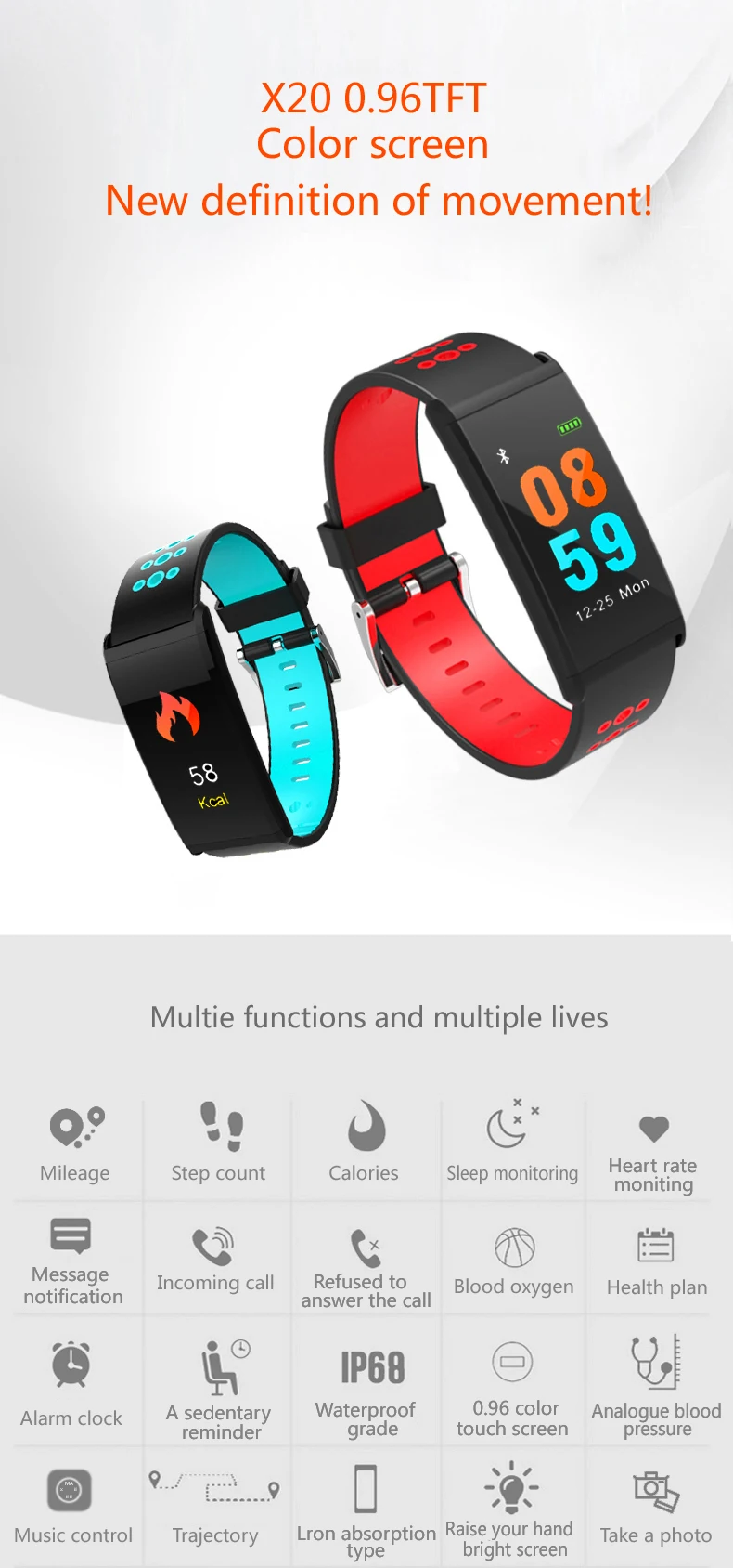 X20 ip68 waterproof digital smart bracelet with color display/heart rate/sleeping monitor sport band
