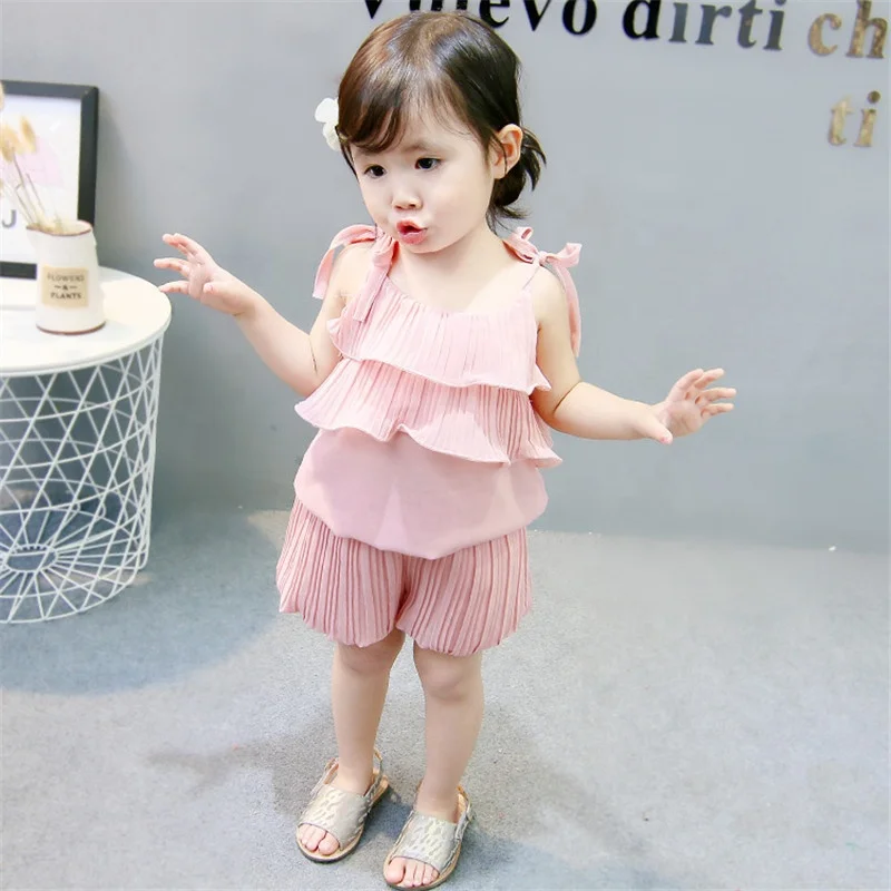 

Children's clothing wholesale, 2018 new female baby summer solid color chiffon sling tops plus pants two-piece suit, Red;pink