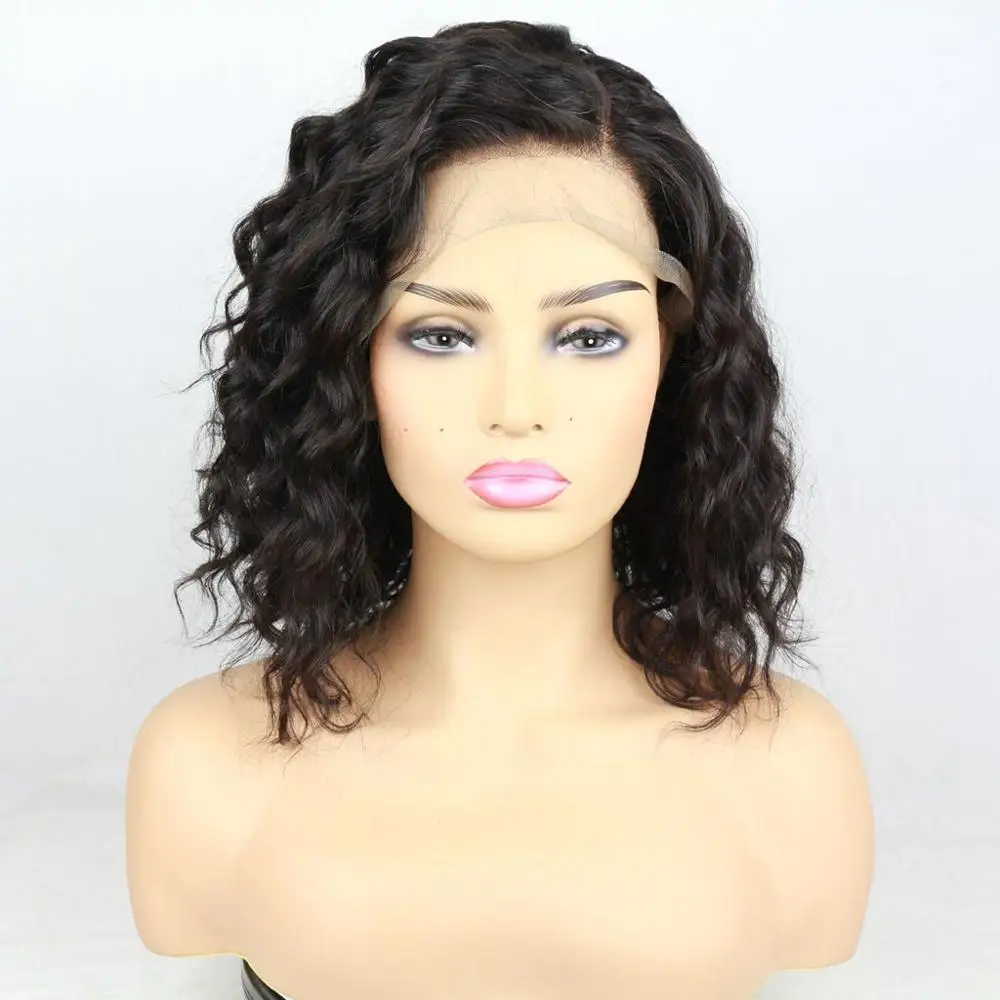 Popular 12inch 180% Density Deep Wave  Human Hair Lace Front Bob Wig with Illusion Hairline