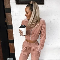 

Custom Full Zipper Tracksuit Womens Pink Jogging Suit Velour Women Tracksuit Set