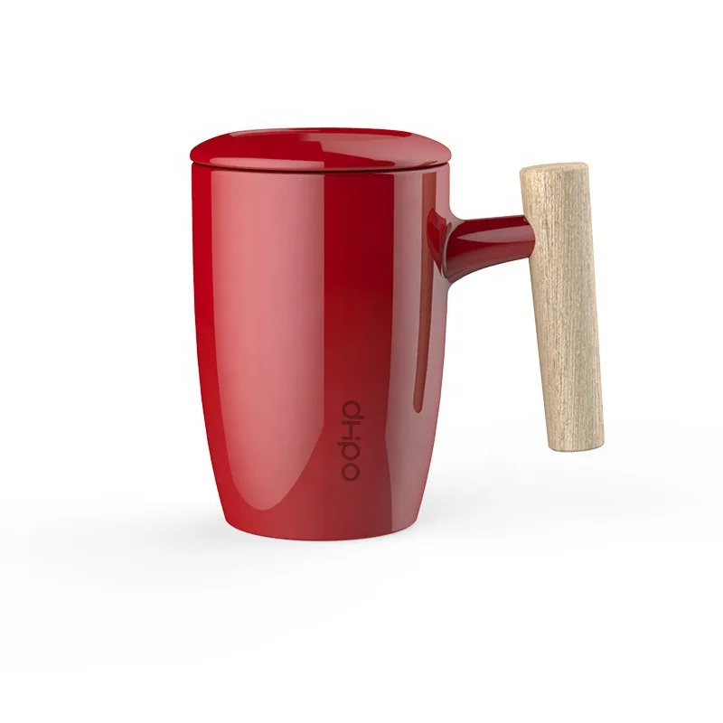 

DHPO 450ml New design ceramic tea infuser mug with lid and wooden handle