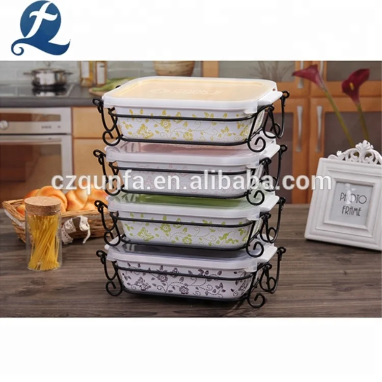Household Printed Ceramic Baking Dish Bakeware Set With Lid