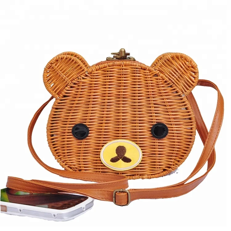 

New Trendy Plain Weave Leather Closure Handwoven Bear Toy Summer Rattan Beach Bag, Natural