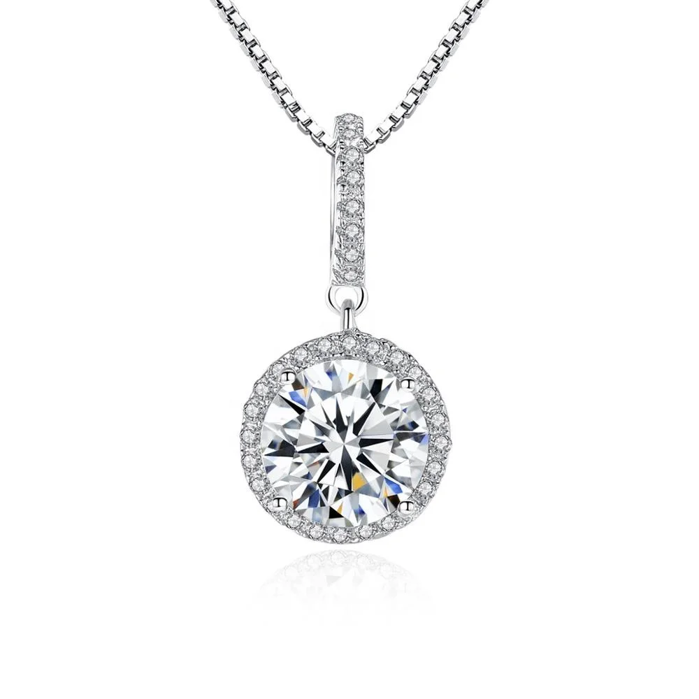 

CZCITY Round CZ 925 Sterling Silver Bridal Pendant Chains Necklace Anniversary Jewelry