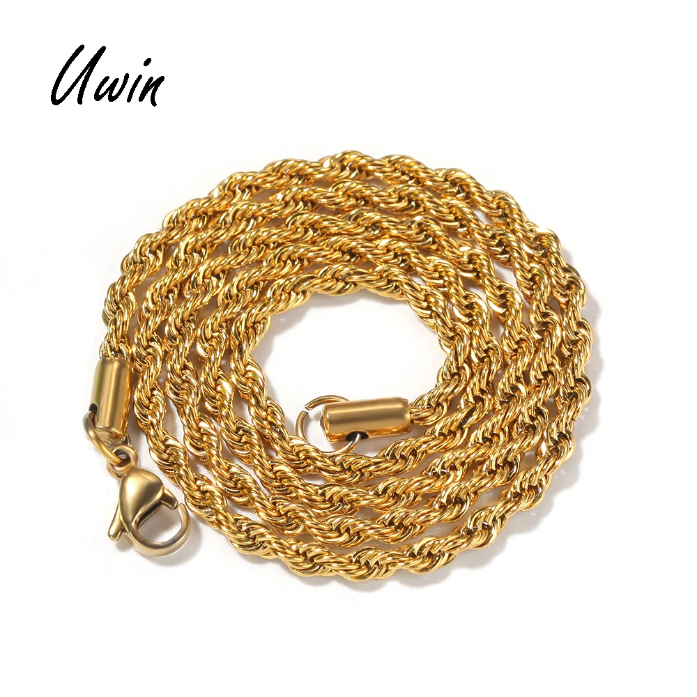 

Hiphop 3mm 316L Stainless Steel Rope Chain Necklace 20K Yellow Gold Filled Twist Chain for Men Wholesale Price, Gold, silvery, custom color is acceptable