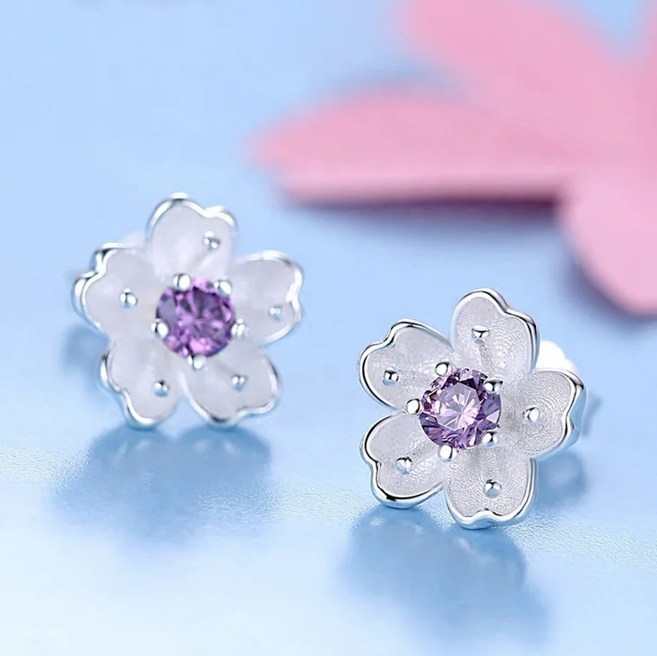 

New Fashion Pink and Purple Flower Stud Earrings For Women Jewelry Bijoux Cute Cherry Blossom Earrings Gift