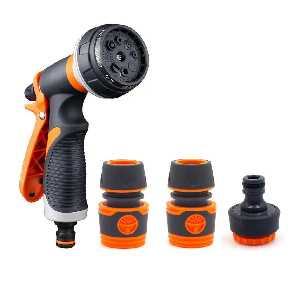

Plastic 8 pattern garden hose nozzle with connector, Orange and gray