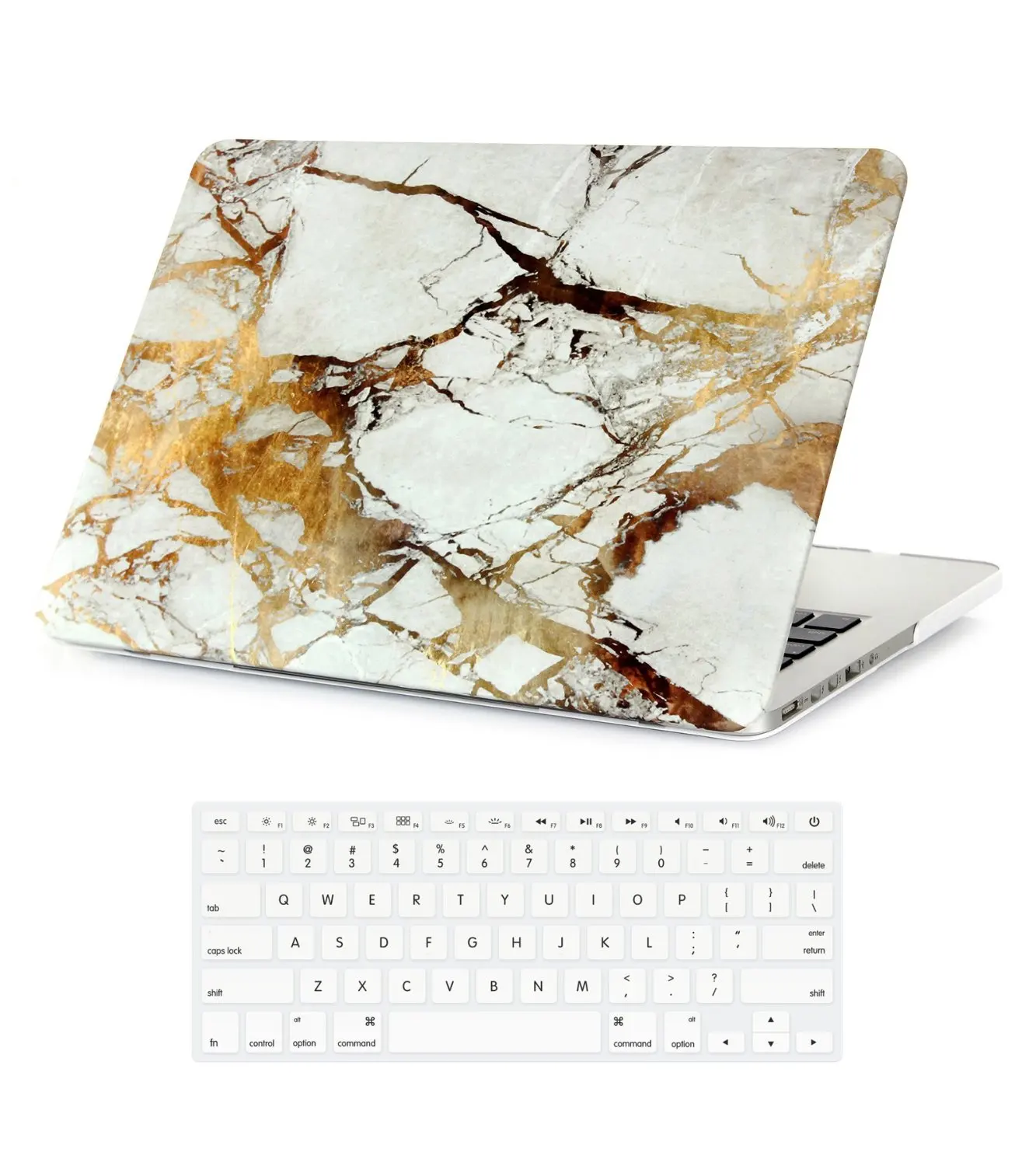 MacBook Pro Retina Case 15 Inch Marble White Gold (NO CD-ROM), Plastic Hard Folio Case Cover & Keyboard Skin for MacBook Pro Retina 15" (NO Disk Drive) Model A1398 Marble Pattern White and Gold