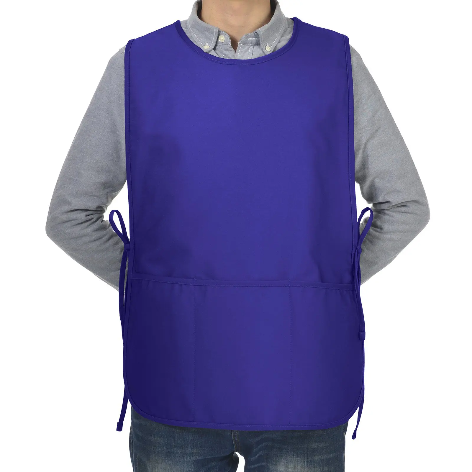 VEEYOO Chef Cobbler Apron with 3 pockets, Polyester Cotton, Art Smock Aprons for Unisex Adult Men Women, Royal Blue, Plus Size Large 23x32 inches