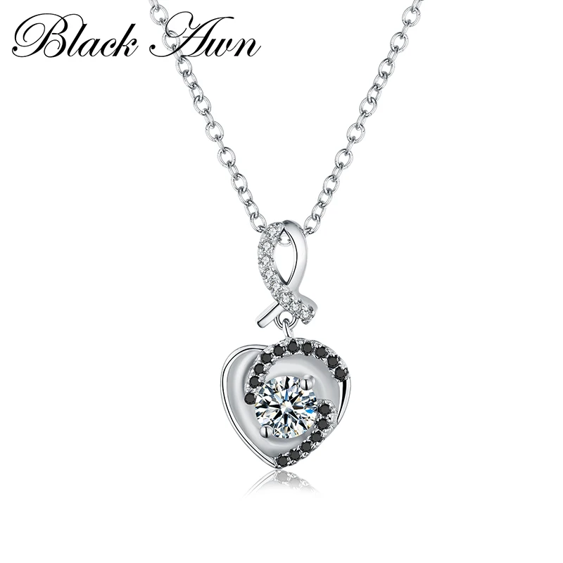 

[BLACK AWN] Fine Necklace Women Genuine 100% 925 Sterling Silver Jewelry Vintage Heart Necklaces&Pendants Bijoux Femme P020