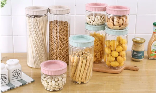 1L 34oz Empty Food Grade PET Plastic Containers Clear Sealed Round Stash Spice Jar with Lid for Kitchen Storage