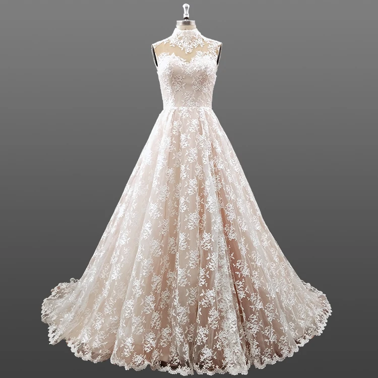 Exquisite Champagne High Collar Lace Wedding Dresses With Long