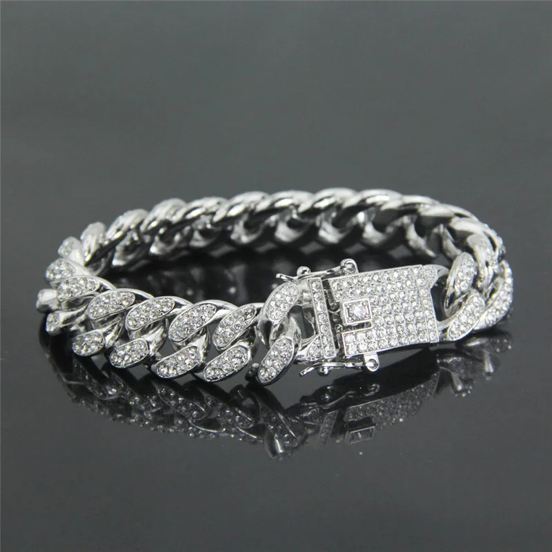 Wholesale Cheap Hiphop Iced Out Full Lab Diamond Gold Plated Cuban Link Chain Bracelets For Men