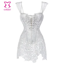 Branco Floral Lace & Brocade Corselet Mulheres Plus Size Cintura Formação Corset Steampunk Burlesque Vestido Sexy Vestidos de Casamento Gótico