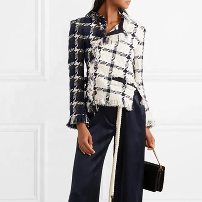 Women New Designs Custom Asymmetric fringed cotton-blend tweed jacket