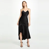 

Summer crop ruffle dresses side slips dress black solid silk satin off shoulder strappy midi dress