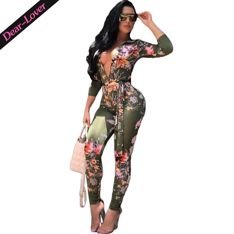 

Women Deep Cut Floral Print Belt Bodycon Jumpsuit, As shown