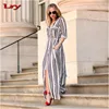 Sexy Summer Chiffon Women Dress Side Split Slim Belted Office Work Formal Dress Black and White Striped Long Sleeve Maxi Dress