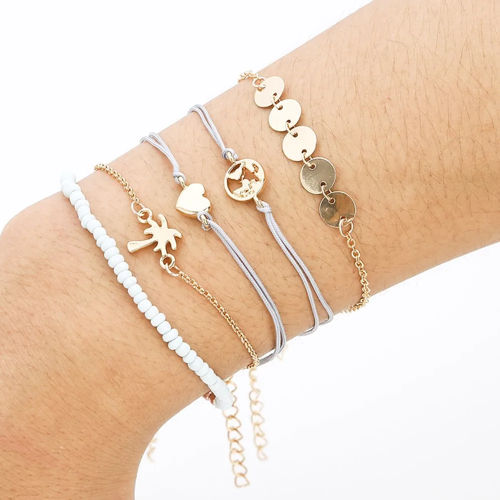 

5 Pcs/ Set Classic Heart Tree Round Crystal Multilayer Adjustable Open Bracelet Set Women Fashion Party Jewelry Multiple Styles, As show