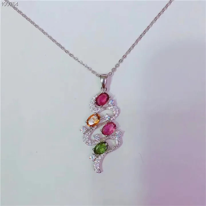 

gemstone jewelry factory wholesale S925 silver natural colorful tourmaline necklace pendant for women, Multi color