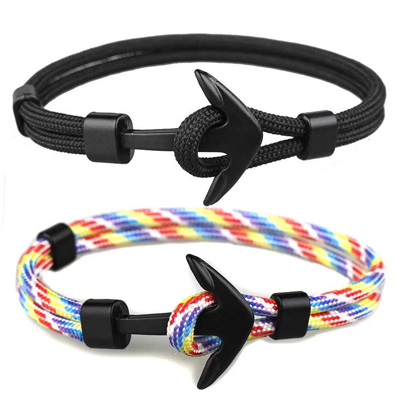 

2018 New Fashion Black Color Anchor Bracelets Men Charm Survival Rope Chain Paracord Bracelet Male Wrap Metal Sport Hooks