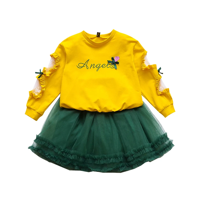 

Kids Clothes Set Long Sleeve Pullover+Skirt Outfits Girls Boutique Clothing, Yellow;pink