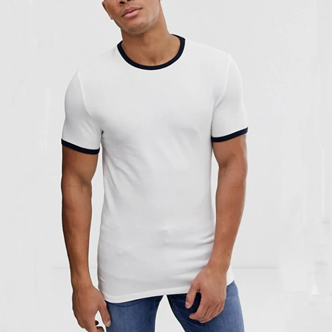 

Design 2019 new logo custom fitted crew neck stretch fitness plain white men contrast ringer T-shirt