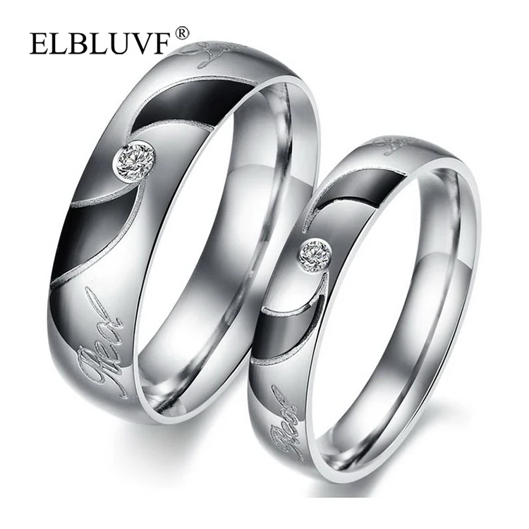 

ELBLUVF Free Shipping Stainless Steel Zircon Jewelry Fashion New Design Love Couple Rings, Steel color