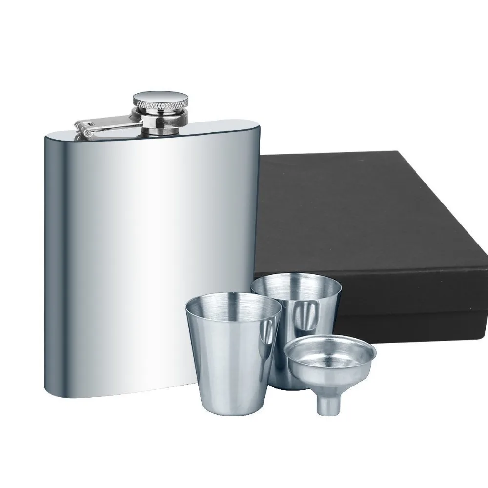 

Amazon High Quality Metal Hip Flask Gift Set with Two Shot Glasses and Funnel, Stainless steel silver;black or custom color